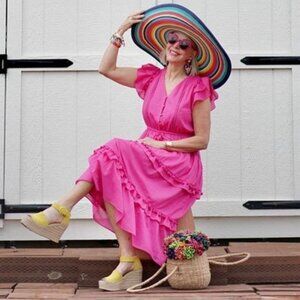 J Crew Cotton Voile Pom Pom Tiered Midi Dress Size 14 Pink